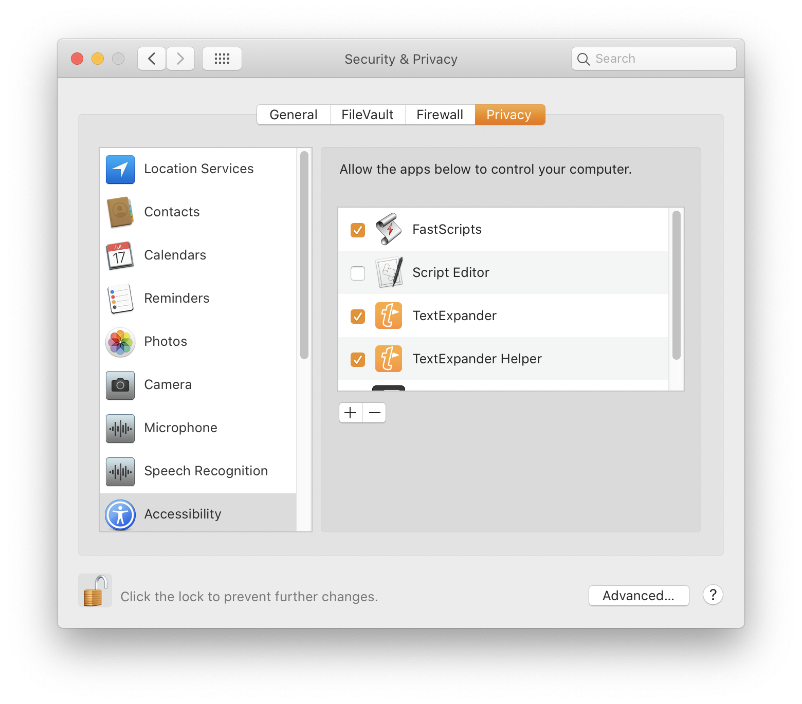 Screen shot of Security & Privacy System Preferences
